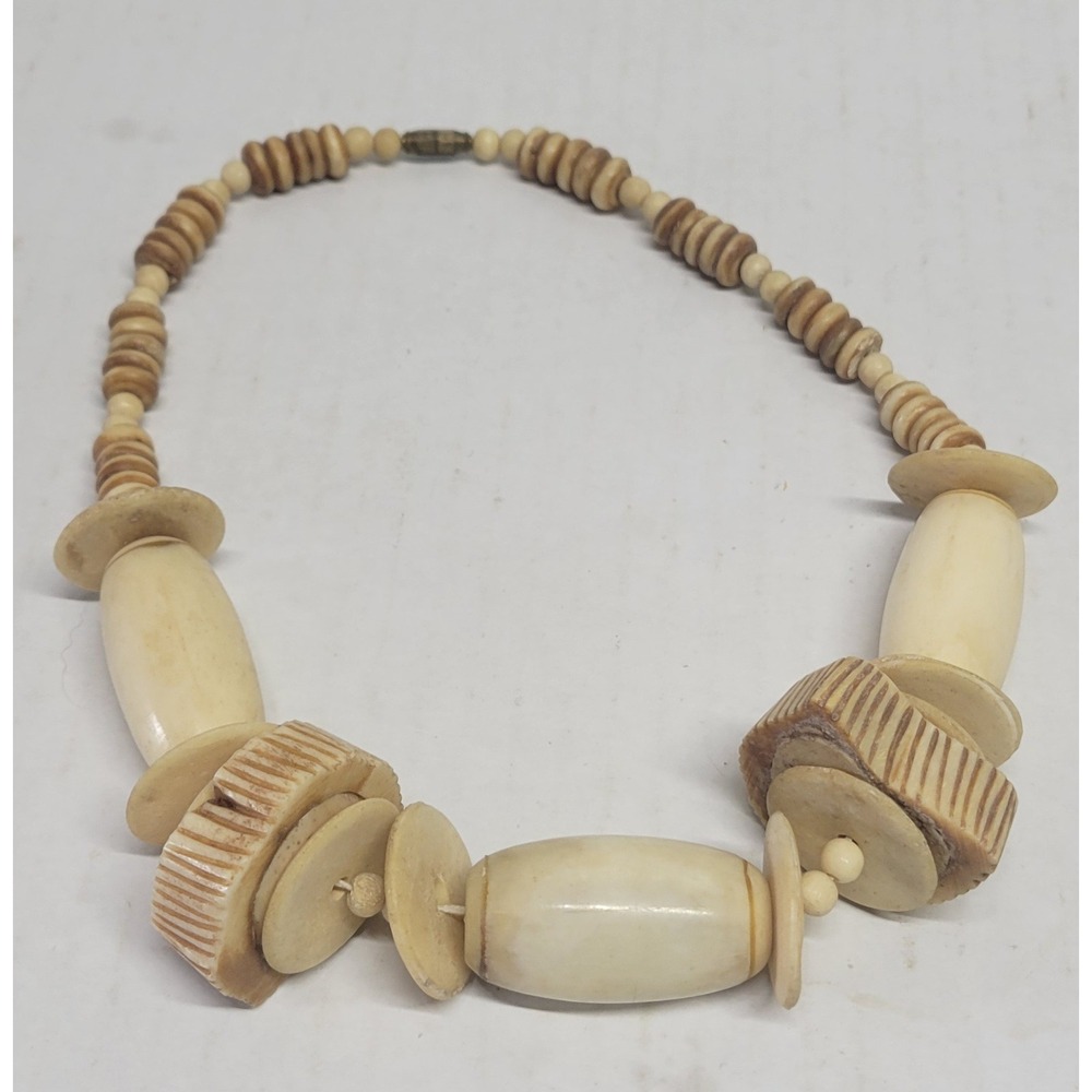 Vintage Carved Bone Statement Necklace Cream Tan Indian Boho Beaded 20"